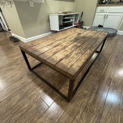 Restoration Hardware Wood Plank Coffee Table with Metal Base – Industrial Style (5 Years Old