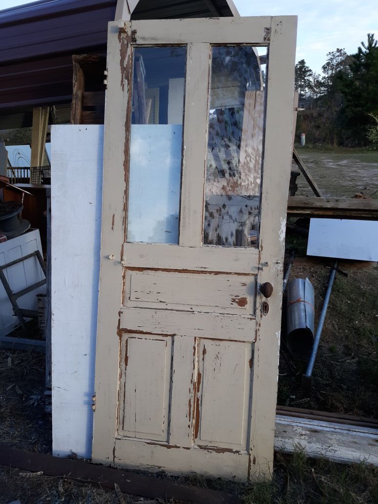 Antique solid wood door w/ 2pane glass intact and hardware