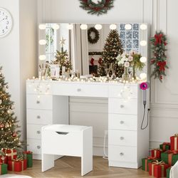 Vanity With 11 Drawers & Lighting Bulbs, Storage Stool & 10X Magnifying Mirror