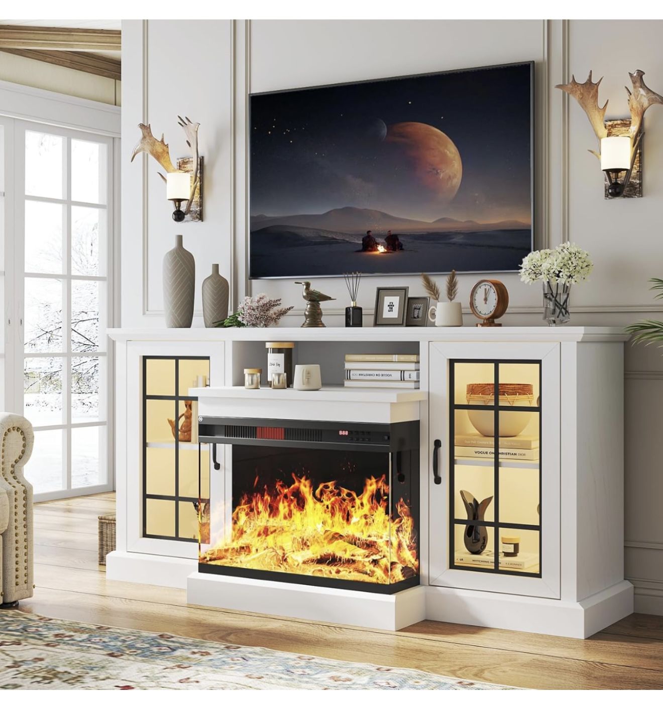 59'' Fireplace TV Stand, 3 Sided Glass Media Entertainment Center Console