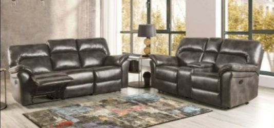 Brand New Grey Super Plush Leather Reclining Sofa & Loveseat