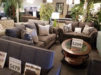 Brand new grey studded linen sofa + loveseat 2PCs set