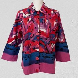 Vtg Choices Jacket Purple/Red Multi Collared Buttons Bead Trim 3/4 Sleeve, Sz M