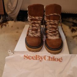 See by Chloé Suede Shearling Hiking Boots Women’s Size 9 Tan Brown Fur Lined Winter Booties