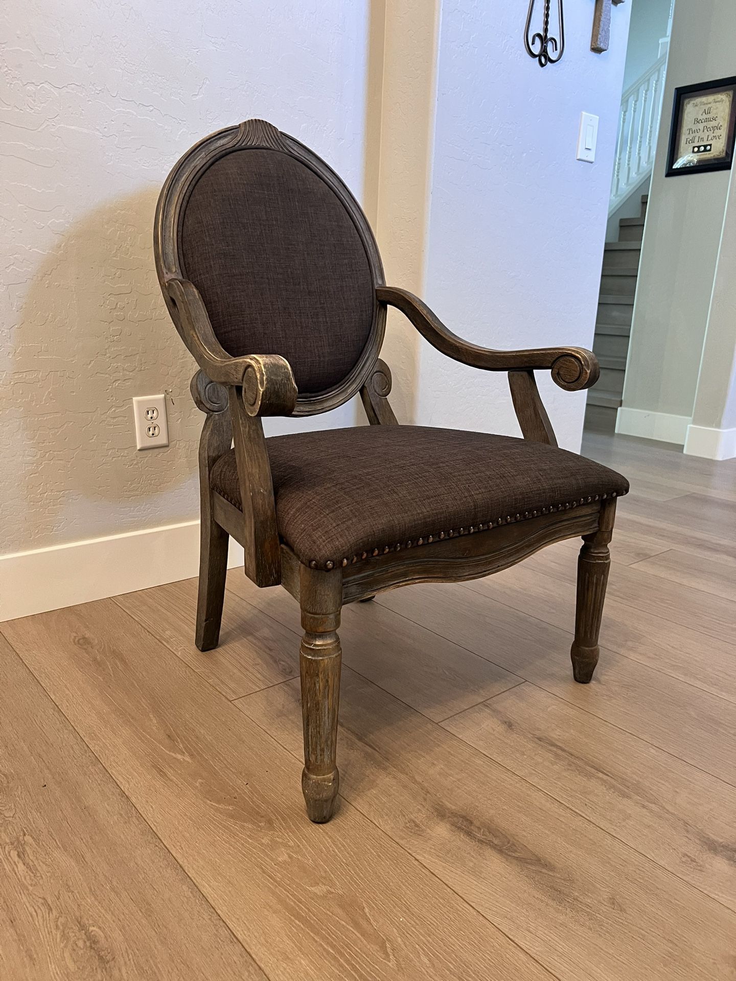 Louis XVI Style Oval Back French Antique Grey Washed Armchair w/ Nailhead Pins