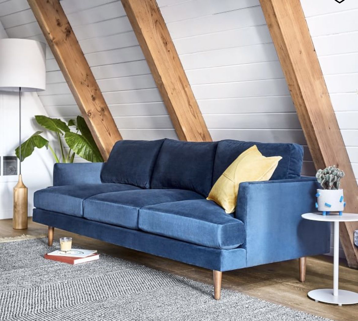 West Elm Haven Loft Sofa - Astor Velvet Blue 86” with wood legs