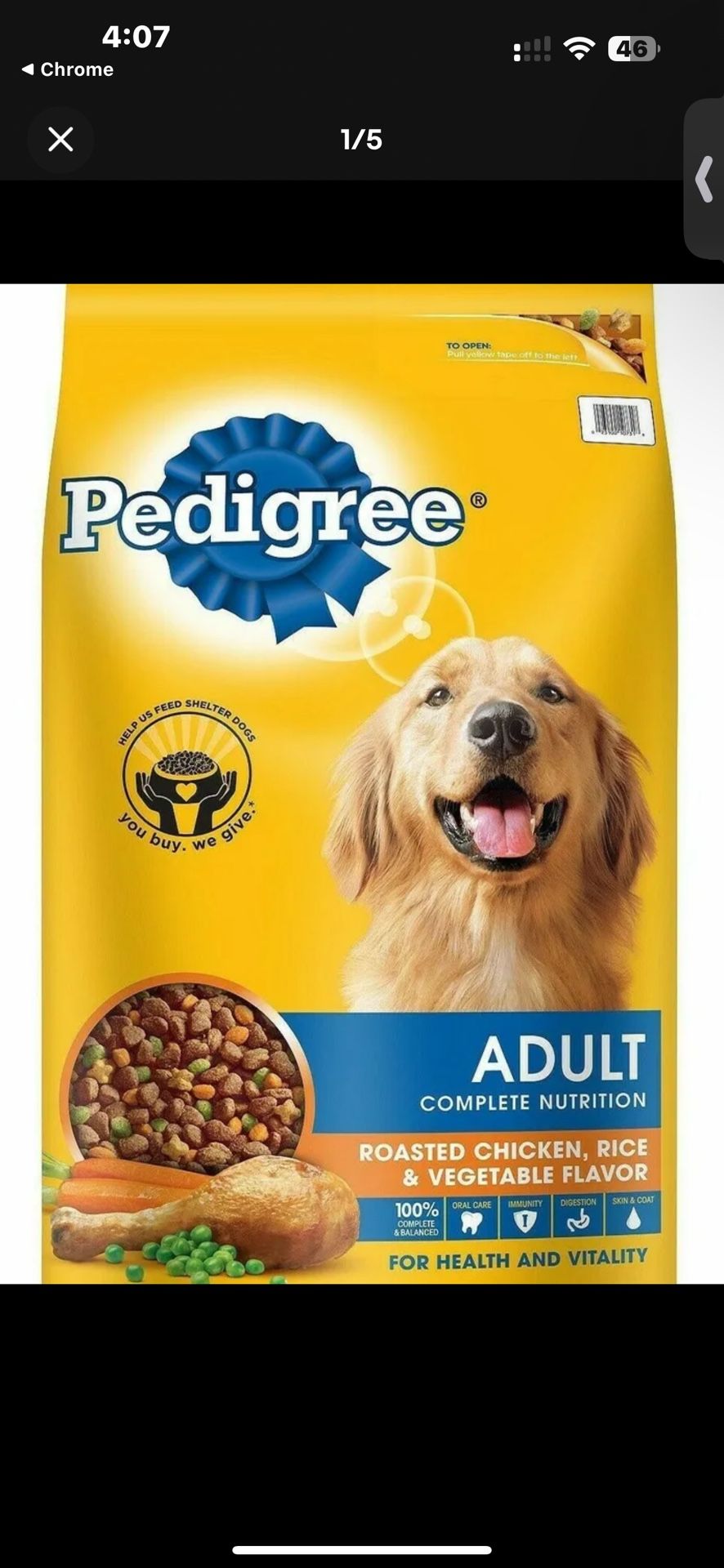 (30 POUNDS)PEDIGREE ADULT NUTRITION ROASTED CHICKEN. RICE/ VEGETABLE DRY DOG FOOD