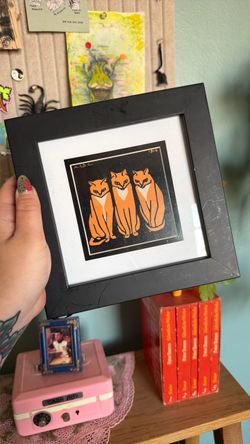 Framed Vintage Woodcut Cat Art