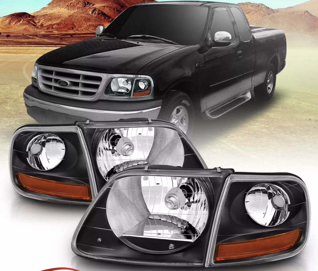 For 97-03/02 Ford F150/ Expedition Lightning Style Black Headlight + Corner Pair Pre Installed DOT Compliant Bulbs included.