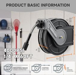 Giraffe Tools Pressure Washer Hose Reel Replaceable Hose, 1/4" x 60ft 4000 PSI Power