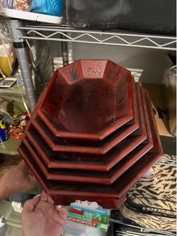 Vintage Korean Wooden Stacking Serving Trays Red Black Base Set of 5