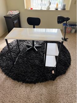 Desk, chair, and desk lamp and file cabinet