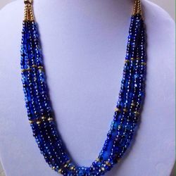 Multi Strands Necklace, Degrade Blue Necklace, Blue Czech Glass Necklace, Beaded Necklace, Gold Clasp