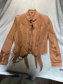 Cripple Creek Beaded & Fringe Western Leather Jacket in Brown, Size Large