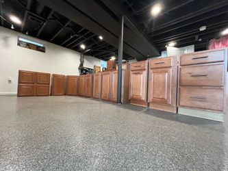 Merillat Set of 10 kitchen cabinets wall and base cabinets with drawers and trash bin drawer for laundry garage storage