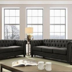 Brand New Gray Chesterfield Inspired Design Sofa And Love Seat