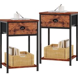 End Table Nightstands Set of 2, Rustic Brown Fabric Drawer Storage Shelf Retro Bedside Tables