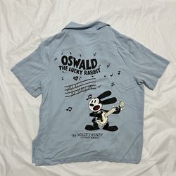 Disney Oswald The Lucky Rabbit Button Up Shirt Mens L Gray Short Sleeve Camp