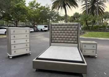 3-Piece Champagne Silver Queen Size Bedroom Set with Tufted Headboard By Sofia Vergara