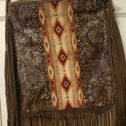 Shyanne  Brown Leather Western / Aztec Style Crossbody Purse With Fringes 