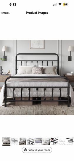 Queen Bed Frame with Headboard, Victorian Vintage Black Iron Easy-to-assemble sturdy metal frame for noiseless sleep; no box spring needed, provides s