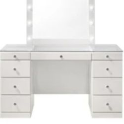 White Vanity With White Mirror And Lights And White Office chair 