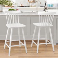 LUE BONA Windsor Bar Stools Set of 2, 24 Inch Farmhouse Upgraded Wooden Counter Height Barstools with Spindle Back/Bigger Seat for Kitchen Island, Bre