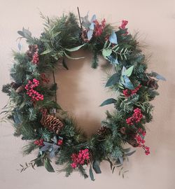 Christmas Holiday Wreath with Berries and Pinecones