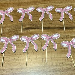  Pink Ribbon Bow Coquette Cupcake Toppers 