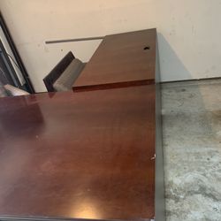 Solid Wood Desk, Side Table, And Overhead Lighted Storage 