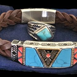 Bradford Exchange Men's Turquoise Bracelet/Ring Size 10