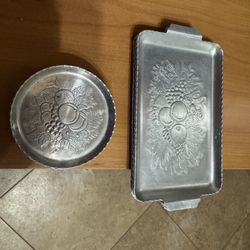 1950s Antique Hand Hammered serving platters (4) 12" x 8.25" and (8) matching coasters