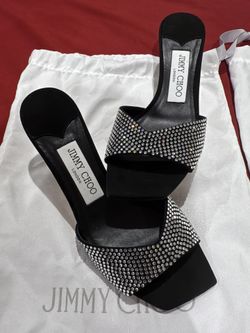 Jimmy Choo Skye 70 Suede Crystal Sandals Women's EU 35 Black/Crystal Square Toe