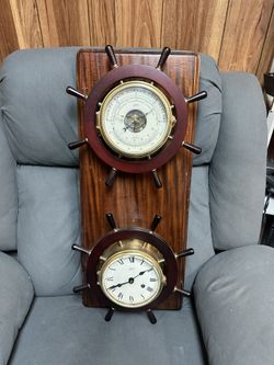 Vintage German Ship's Brass Wheel Clock & Barometer Set by August Schatz & Sohne
