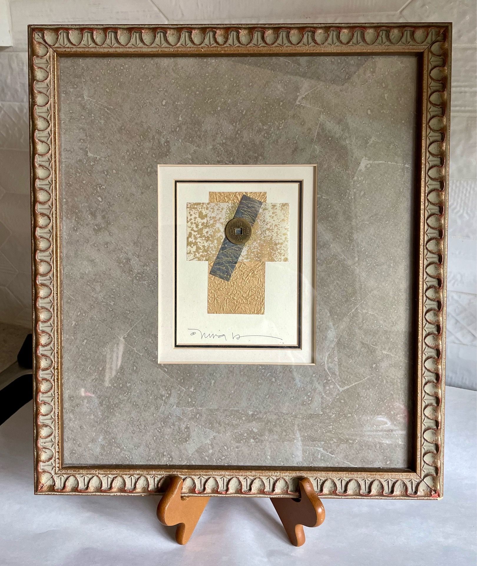 Vintage Framed and Signed “Chinese Cash Coin Abstract” Mixed Media Collage by Nina Matsuno