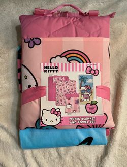 Hello Kitty Picnic Blanket & Beach Towel Set Backpack Carry Case Pink Sanrio New