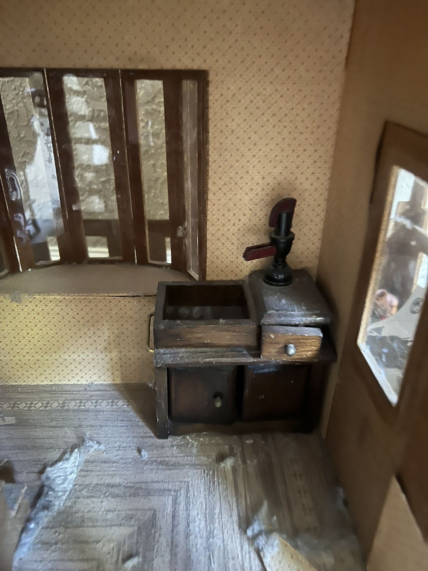 50 or 100 year-old antique wooden doll house with furniture, etc.