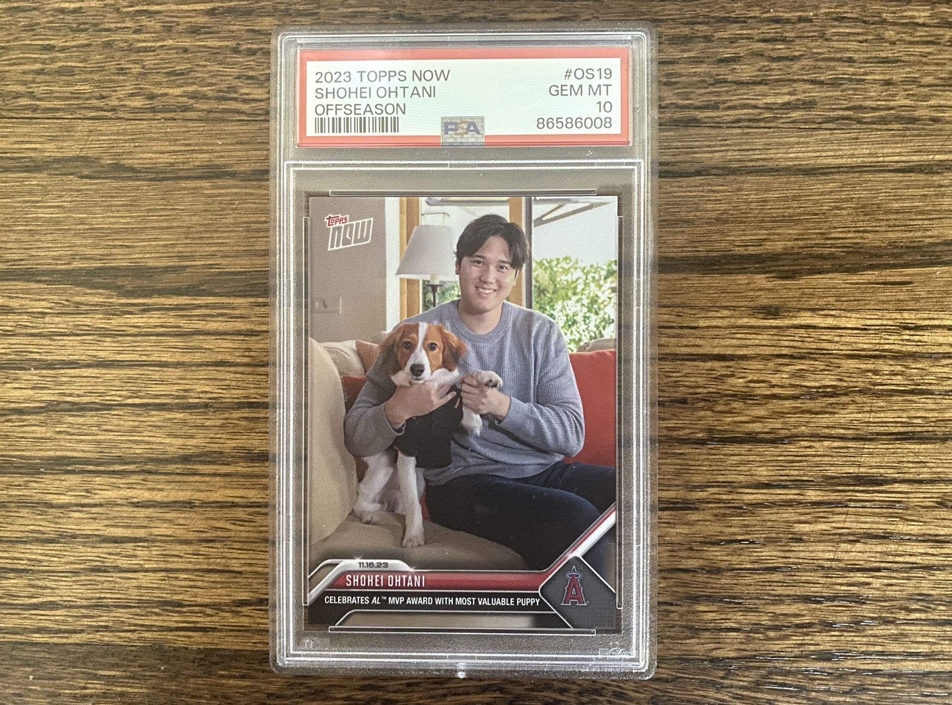 SHOHEI OHTANI 2023 TOPPS NOW #OS 19 CELEBRATES AL MVP W/ PUPPY PSA 