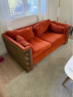 Vintage Woven Rattan Sofa – Rust / Orange Velvet