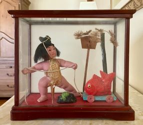 Vintage Japanese Boys Day Glass Display Case with Boy and Fish