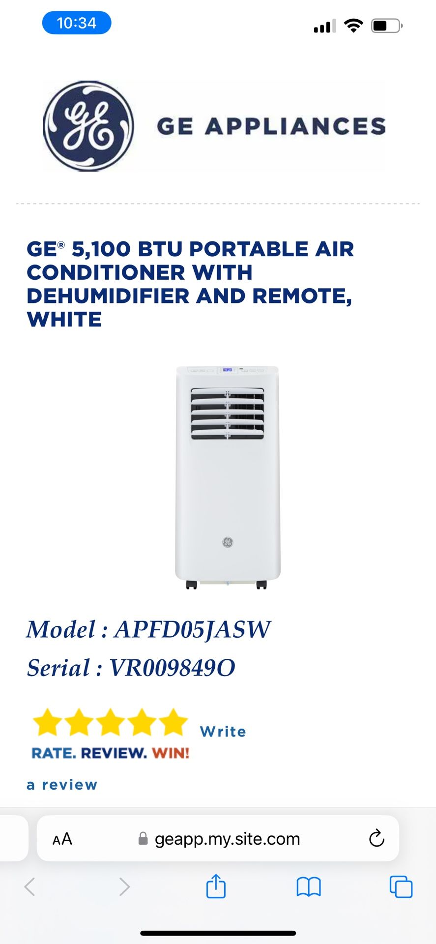 GE portable AC With Dehumidifier 