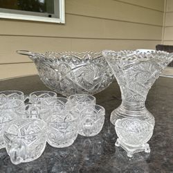 Vintage High-Quality Glass Punch Bowl, And Vase Set