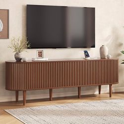 70" TV Stand for 79" TV with Power Outlet, Entertainment Center with Solid Wood Leg, Fluted TV Console with Adjustable Shelf & Sliding Door, Mid-Centu