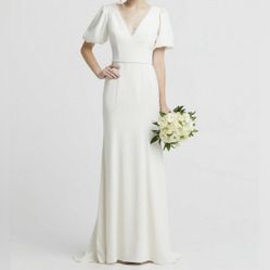 PEARL TRIMMED V-NECK WEDDING DRESS WITH BELL SLEEVES IN IVORY