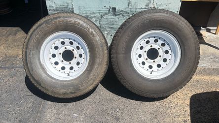 Two Matching 15x8 Inch 6 Lug White Steel Wheels With Old Tires Chevy GMC Toyota Nissan And More