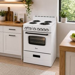 Avanti 24" Freestanding Electric Range with 4 Coil Burners, 2.6 Cu. Ft. Oven, Bake & Broil, Storage Drawer, Ideal for Small Kitchens, White (ERU240P0W