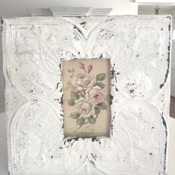 Antique Ceiling Tin Framed Christie REPASY WHITE & Pink ROSES Giclee Print- Shabby and Chic! Double Charm (right)