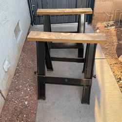 Two Metal Sawhorses With Wood Base