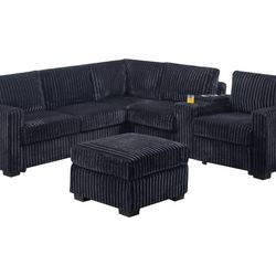 4-Piece Sectional Set W/ Ottoman
Reversible Loveseat + Reversible Loveseat W/USB Console & Cup Holders + Corner Wedge + Cocktail Ottoman

Color: Black