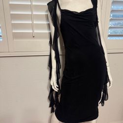 New Medium Black Stretchy Goth Ruched Dress 